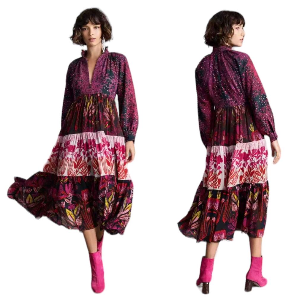 Anthro Roopa Pemmaraju Callie Printed Midi Dress Size XSP